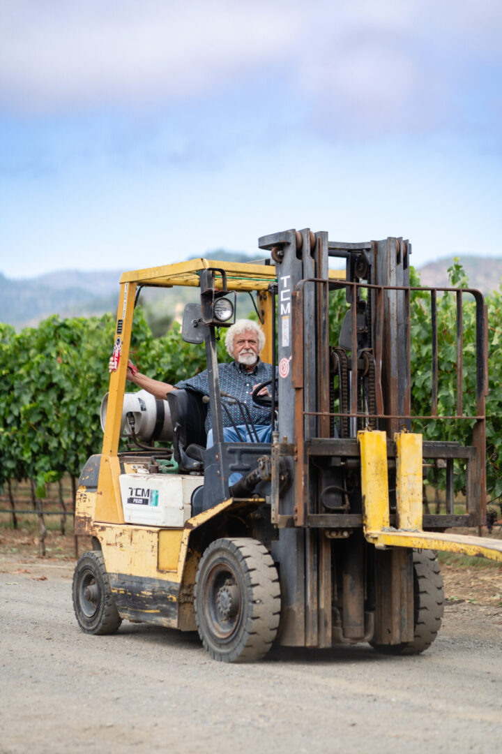 A man driving a yellow forklift in the middle of a vineyard.